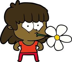 menina dos desenhos animados com flor na boca vetor