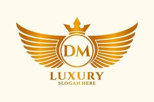 luxo royal wing letter dm crest gold color logo vector, logotipo da vitória, logotipo da crista, logotipo da asa, modelo de logotipo vetorial. vetor