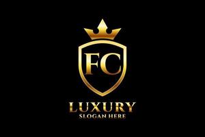 logotipo de monograma de luxo elegante fc inicial ou modelo de crachá com pergaminhos e coroa real - perfeito para projetos de marca luxuosos vetor