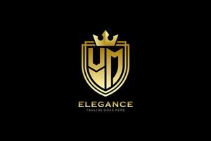 logotipo de monograma de luxo elegante inicial vm ou modelo de crachá com pergaminhos e coroa real - perfeito para projetos de marca luxuosos vetor