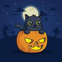 bonito gato bruxa preta kawaii em abóbora no halloween fullmoon meia-noite vetor