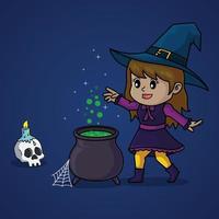 bruxa kawaii bonitinha fazendo poção na noite de halloween de lua cheia com uma caveira vetor