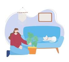 mulher com uma planta e um gato no sofá vetor