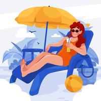 mulheres tomando banho de sol na praia para desfrutar de férias vetor
