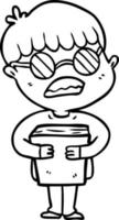 menino dos desenhos animados, abraçando o livro usando óculos vetor