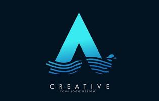 azul um logotipo de carta com ondas e design de gotas de água. vetor