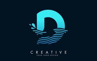 logotipo da letra d azul com ondas e design de gotas de água. vetor