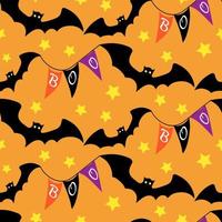 padrão sem emenda de halloween com bandeiras assustadoras e estrelas em fundo laranja. ilustração vetorial desenhada à mão para decoração de festa de halloween, scrapbooking, têxtil, papel de parede, design de cartão de saudação. vetor