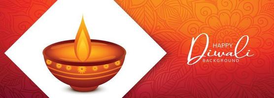 lindo banner de diwali feliz com fundo realista de cartão de óleo diya vetor