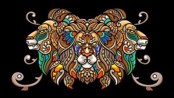 artes de mandala de leão de três cabeças coloridas isoladas em fundo preto vetor