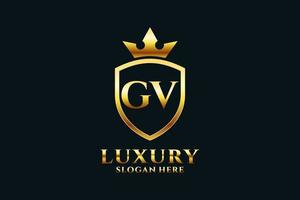 logotipo de monograma de luxo elegante inicial gv ou modelo de crachá com pergaminhos e coroa real - perfeito para projetos de marca luxuosos vetor