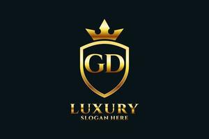 logotipo de monograma de luxo elegante inicial gd ou modelo de crachá com pergaminhos e coroa real - perfeito para projetos de marca luxuosos vetor