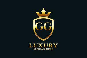 logotipo de monograma de luxo elegante inicial gg ou modelo de crachá com pergaminhos e coroa real - perfeito para projetos de marca luxuosos vetor