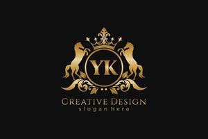 crista dourada retrô inicial yk com círculo e dois cavalos, modelo de crachá com pergaminhos e coroa real - perfeito para projetos de marca luxuosos vetor