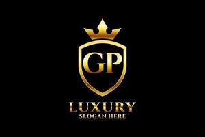 logotipo de monograma de luxo elegante inicial gp ou modelo de crachá com pergaminhos e coroa real - perfeito para projetos de marca luxuosos vetor