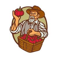 agricultor orgânico cesta de tomate xilogravura linogravura vetor