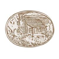 gravura oval de cabana de madeira vetor