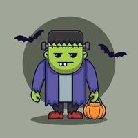 personagem de frankenstein fofo de halloween traz abóbora vetor