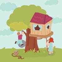 doodle de crianças brincando com uma casa na árvore vetor