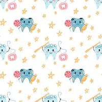 padrão perfeito com personagens de dentes kawaii desenhados à mão em estilo simples de desenho animado. ilustração vetorial de fundo infantil de desenho animado para papel de embrulho, impressão de tecido, capa, cartão e web design vetor