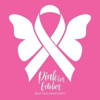 mês de conscientização do câncer de mama com sinal de borboleta e layout de cartaz de design de ilustração vetorial de fitas cor de rosa. vetor