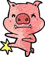 chutando de karatê de porco de desenho animado com raiva vetor