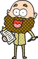 homem feliz louco dos desenhos animados com barba e prancheta para notas vetor