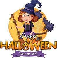 logotipo de texto de feliz dia das bruxas com personagem de desenho animado vetor