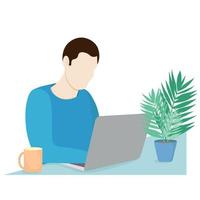 retrato de um cara sentado em uma mesa com um laptop, o cara trabalha em casa, vetor plano isolado em branco, escritório em casa, na mesa uma xícara e um vaso de flores, sem rosto