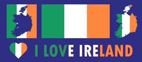 conjunto de ilustrações vetoriais com bandeira da Irlanda, mapa de contorno do país e coração. conceito de viagem.