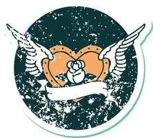 ícone de estilo de tatuagem de adesivo angustiado de um coração voador com flores e banner vetor