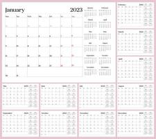 modelo de calendário mensal para o ano de 2023. semana começa na segunda-feira. língua Inglesa. calendário de parede em estilo minimalista. vetor
