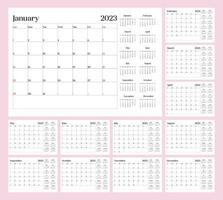 modelo de calendário mensal para o ano de 2023. semana começa no domingo. calendário de parede em estilo minimalista. vetor
