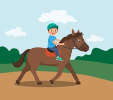 menino bonitinho andando a cavalo no parque vetor