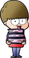 menino de desenho animado feliz segurando livros vetor