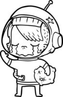 garota de astronauta chorando de desenho animado carregando amostra de rocha vetor