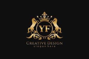 crista dourada retrô inicial yf com círculo e dois cavalos, modelo de crachá com pergaminhos e coroa real - perfeito para projetos de marca luxuosos vetor
