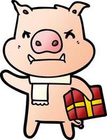 porco com raiva dos desenhos animados com presente de natal vetor