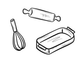 batedor desenhado à mão, rolo e assadeira. talheres, utensílios de cozinha para assar. ilustração vetorial plana em estilo doodle. vetor