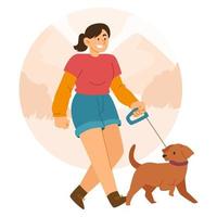 jovem andando com cachorro no jardim vetor