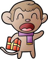 macaco de desenho animado gritando carregando presente de natal vetor