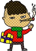 homem dos desenhos animados fumando carregando presente de natal vetor