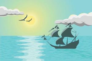 barco no mar em ilustração de paisagem de tempo ensolarado vetor