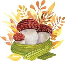 cogumelos de outono de tricô em aquarela. composição fofa quente e aconchegante para cartões postais de outono vetor
