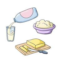 conjunto de ícones coloridos, café da manhã, mingau com manteiga, requeijão e leite, ilustração vetorial em estilo cartoon em um fundo branco vetor