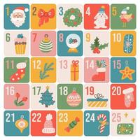 calendário do advento de natal em estilo desenhado à mão plana, cartaz de vetor festivo.