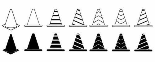 conjunto de ícones de cone de tráfego de estrada silhueta de contorno isolado no fundo branco. design plano de ilustração vetorial de cone de tráfego vetor