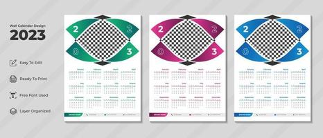 Modelo de design de calendário de parede 2023 com cor verde, roxa e azul. diário corporativo e planejador de negócios. semana começa no domingo. design moderno de calendário de parede para o ano novo de 2023. vetor