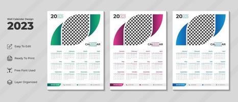 Modelo de design de calendário de parede 2023 com cor verde, roxa e azul. diário corporativo e planejador de negócios. semana começa no domingo. design moderno de calendário de parede para o ano novo de 2023. vetor