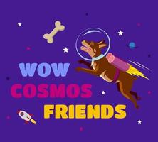 ilustração vetorial de um cão astronauta fofo em um traje espacial flutuando no espaço com um osso de cachorro. ilustração vetorial com texto vetor